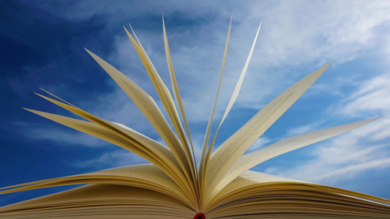 Bücherseiten vor Himmel
