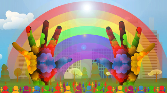 Silhouetten und bunte Hände vor einem Regenbogen